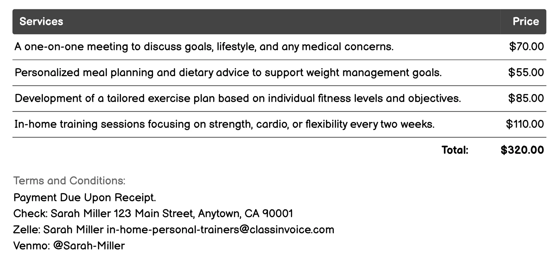 Weight Management Invoice Example