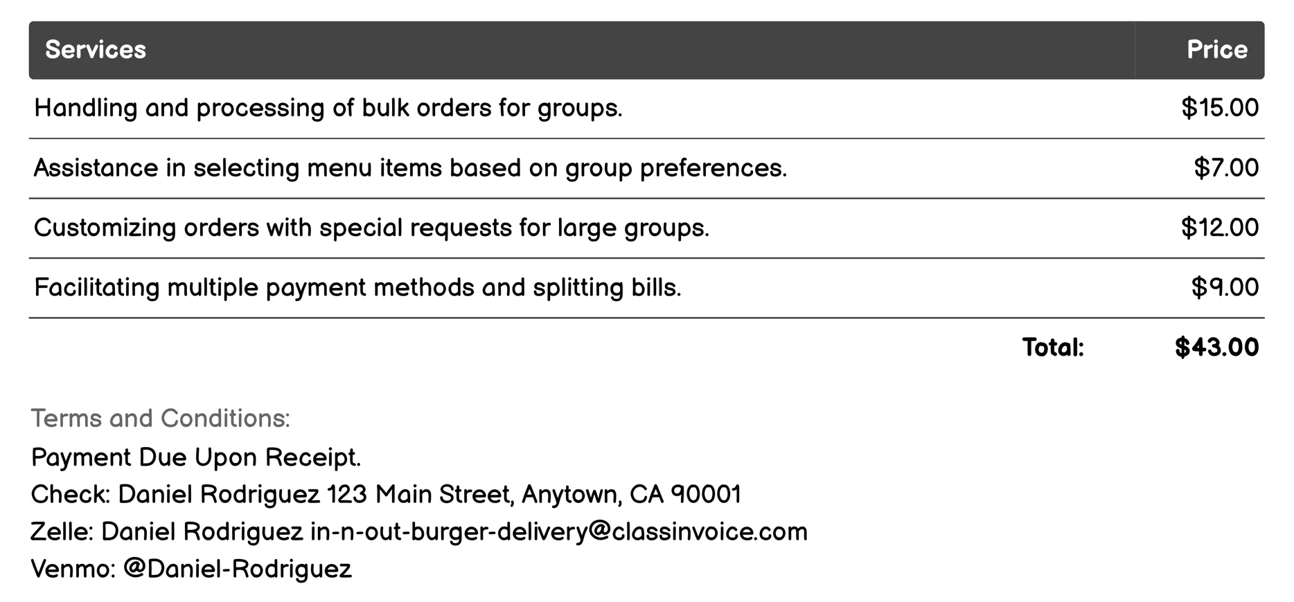 Group Orders Invoice Example
