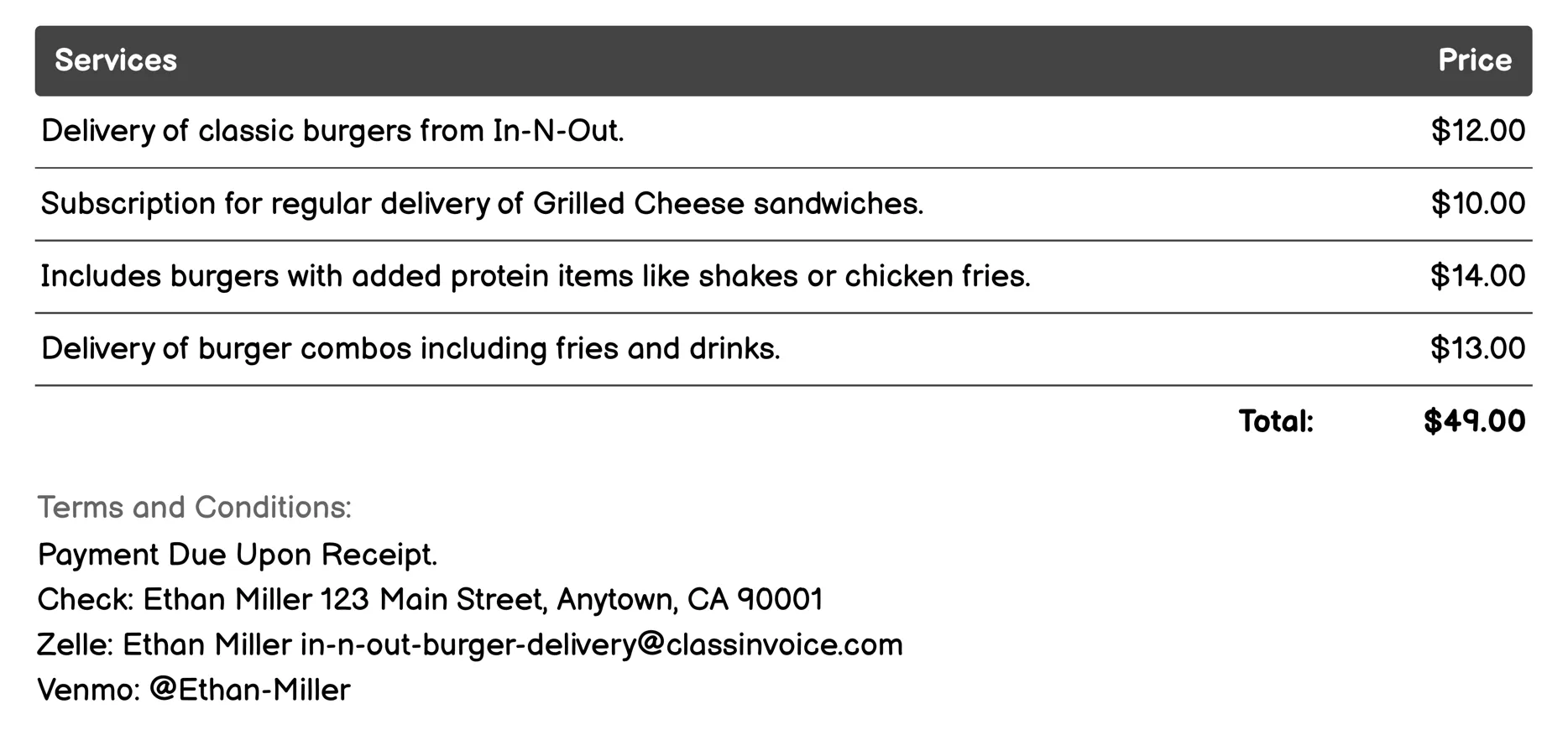 Subscription Service Invoice Example