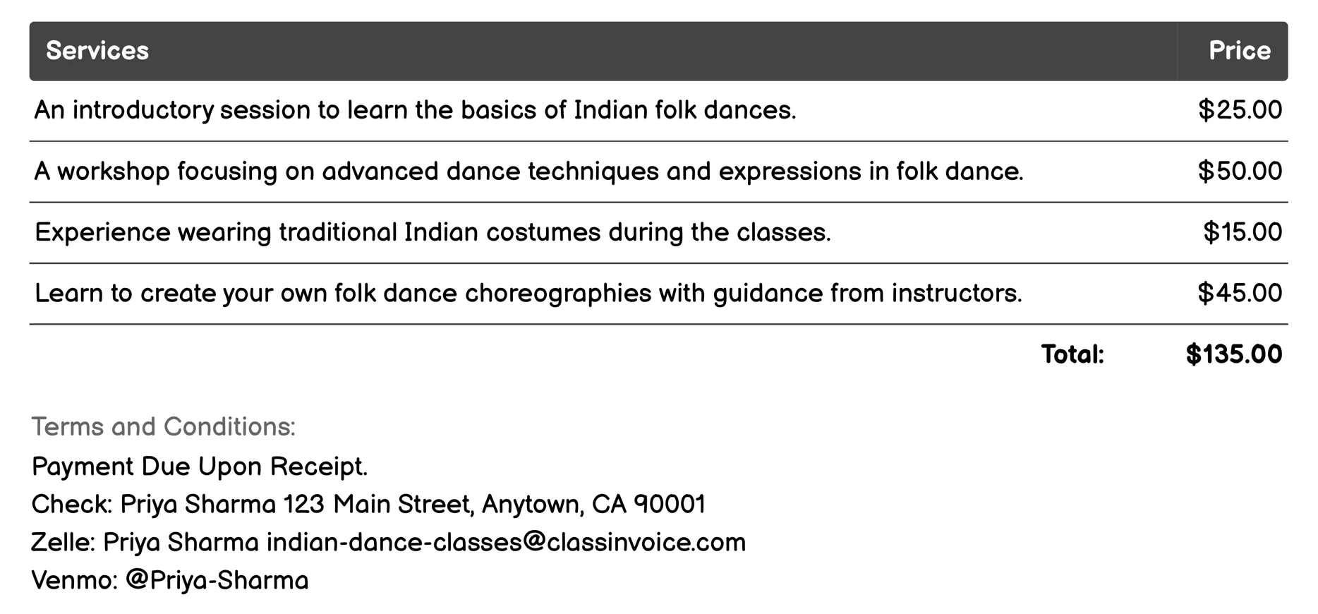 Folk Dance Classes Invoice Example