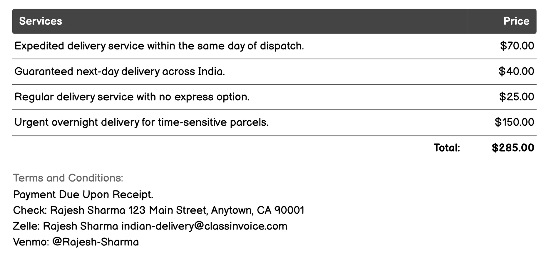 Courier Services Invoice Example