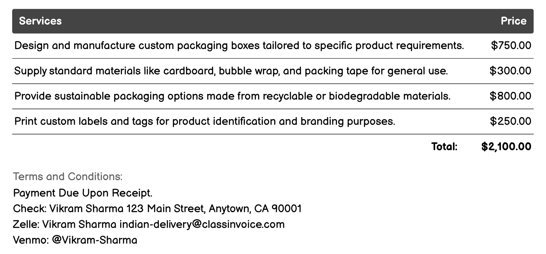 Packaging Services Invoice Example