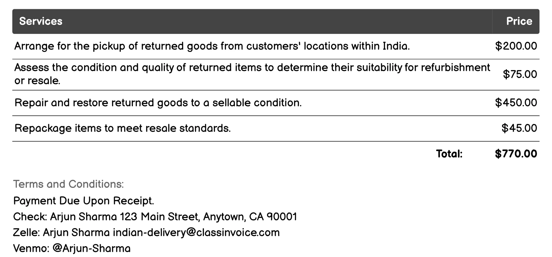 Reverse Logistics Invoice Example