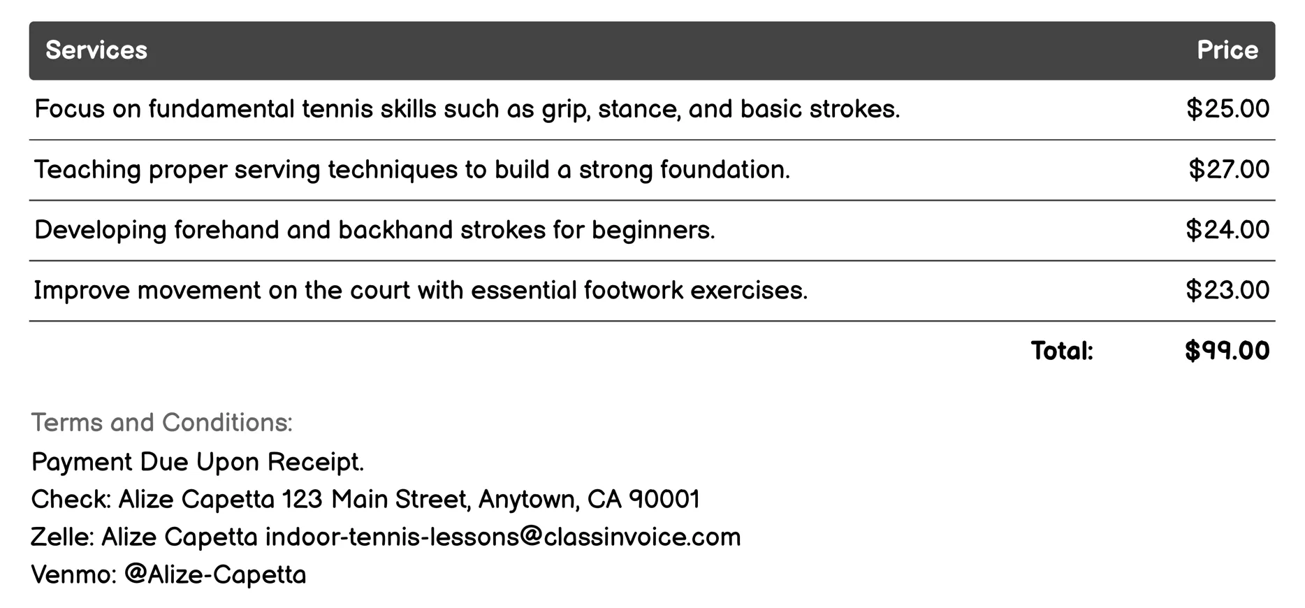 Beginner Classes Invoice Example