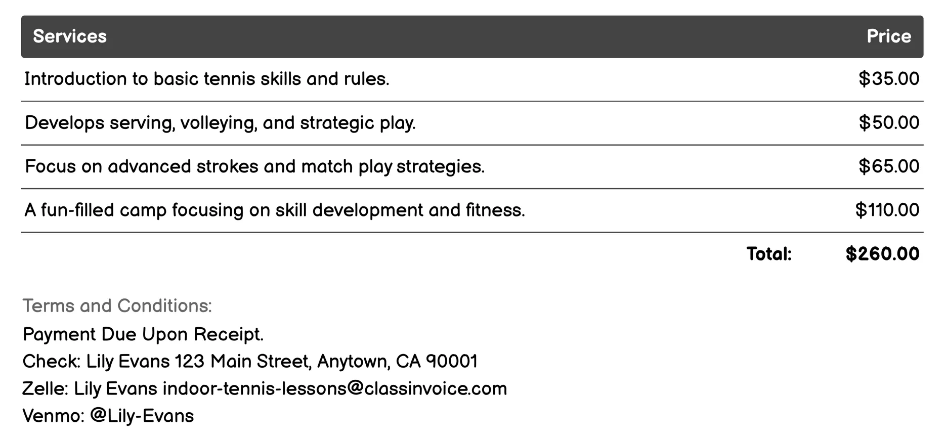 Kids' Tennis Programs Invoice Example