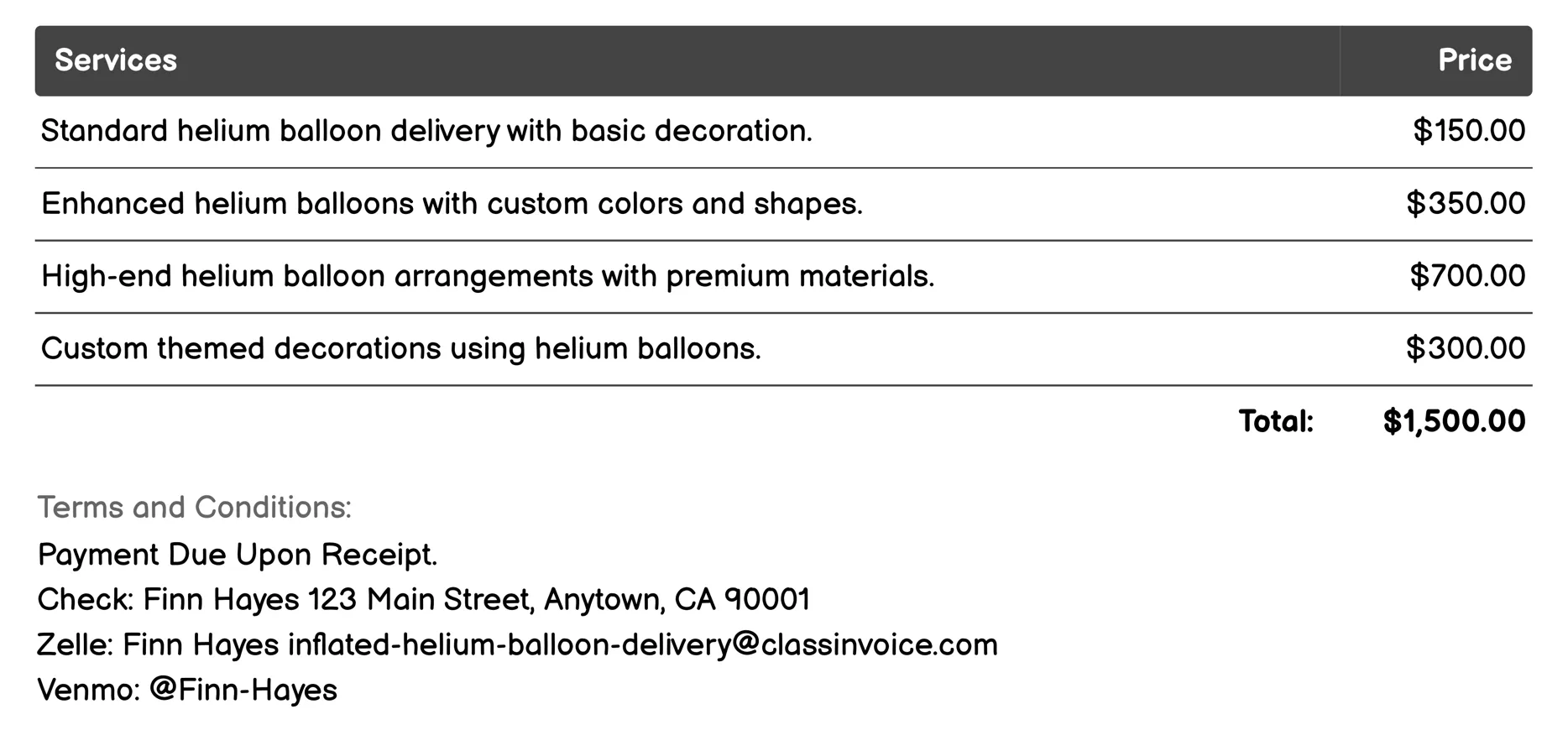 Corporate Events Invoice Example