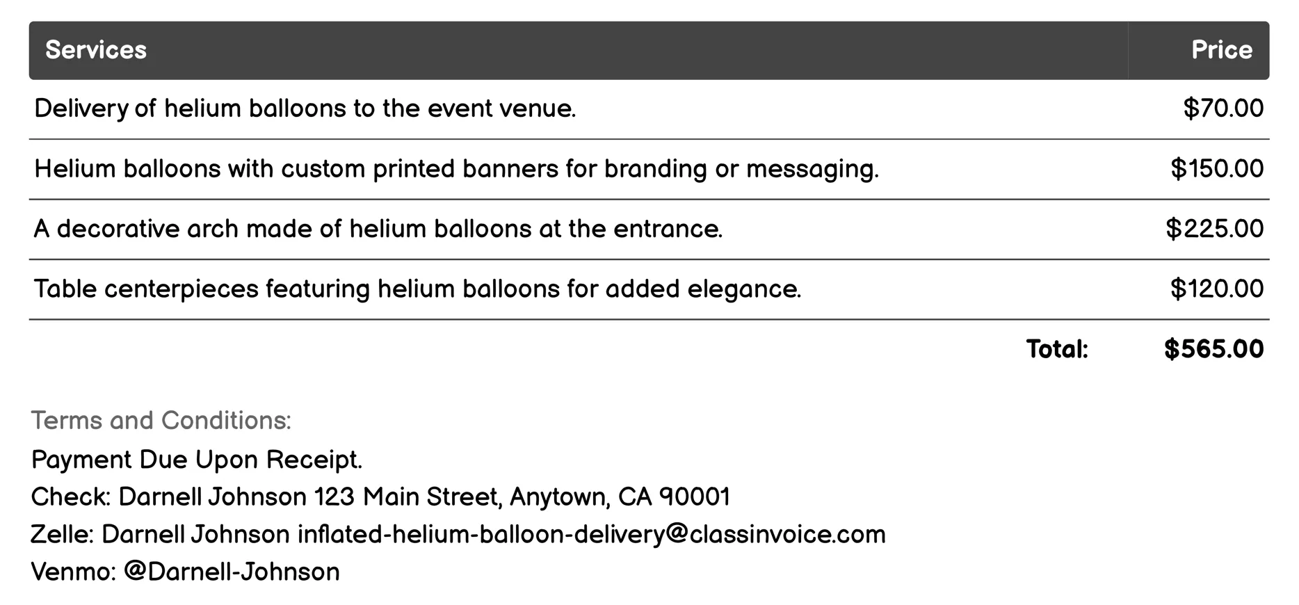 Open House or Real Estate Events Invoice Example