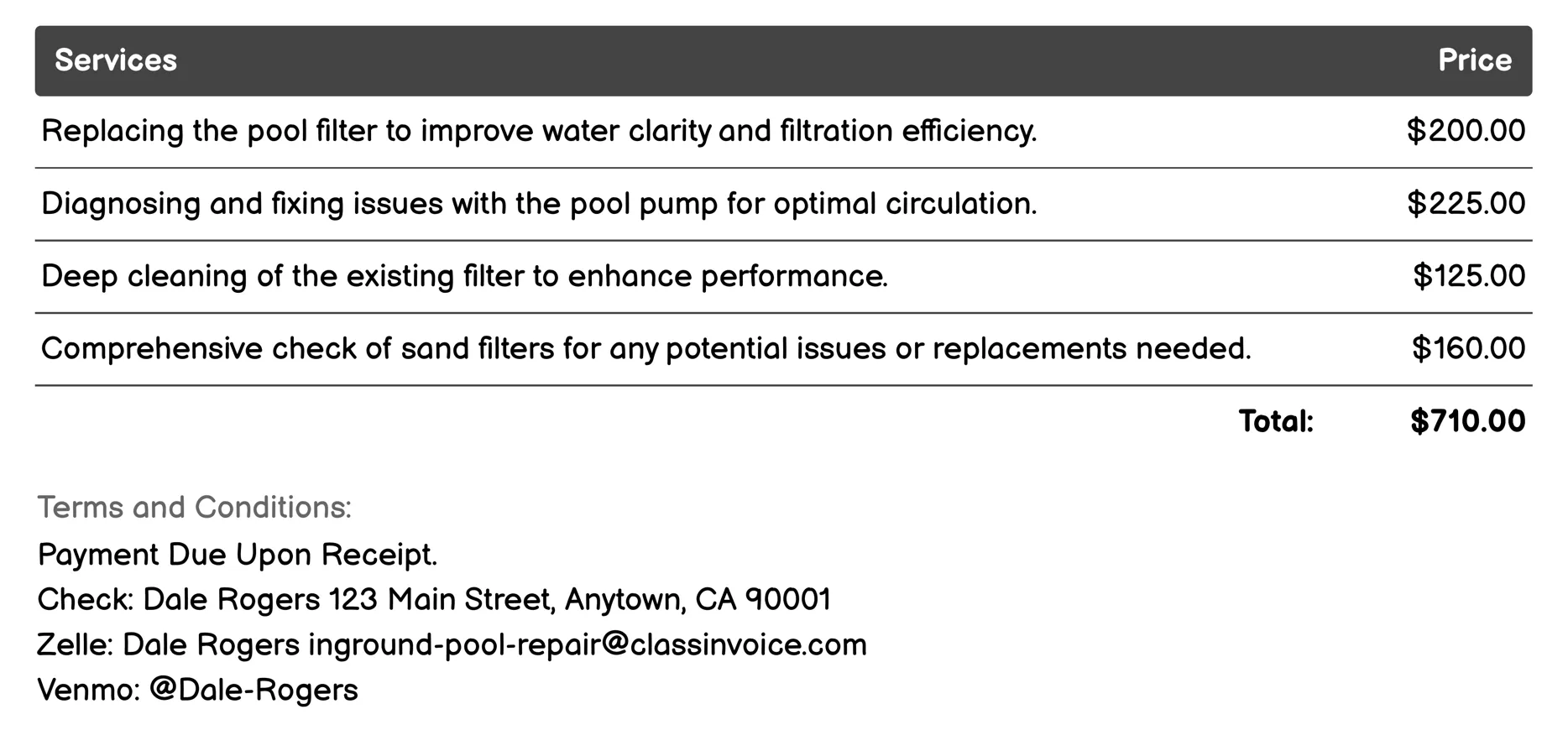 Filtration System Repair Invoice Example