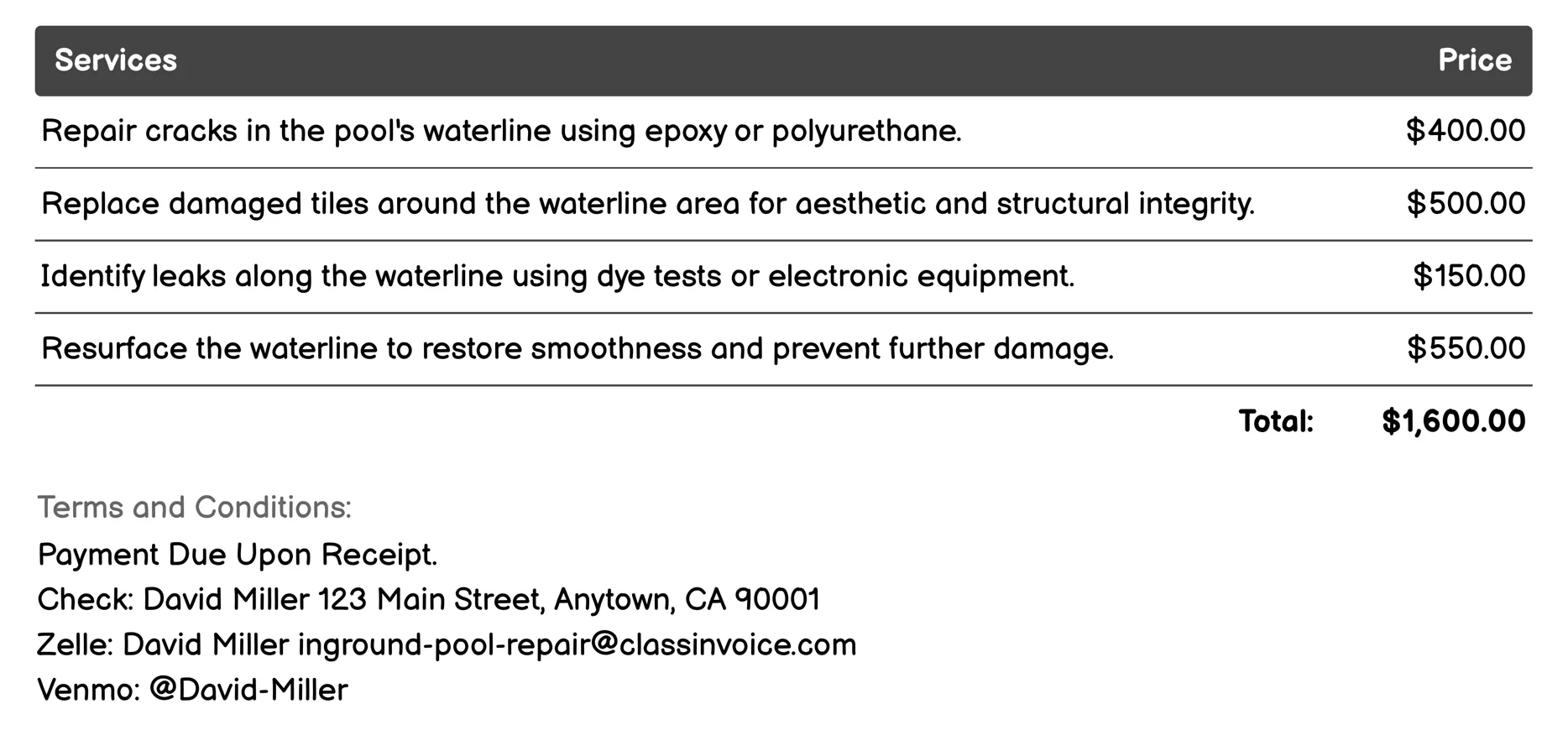 Waterline Restoration Invoice Example