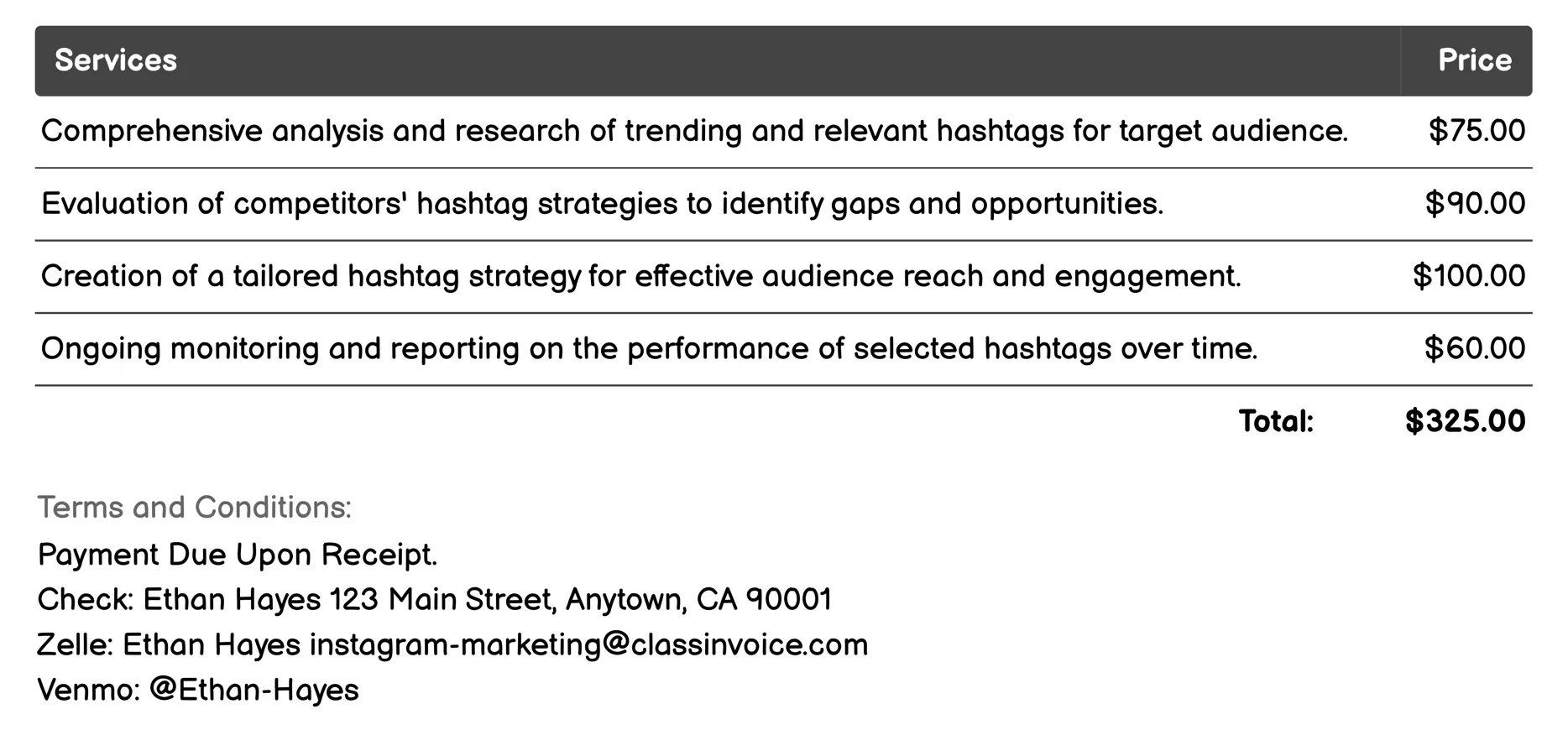 Hashtag Optimization Invoice Example