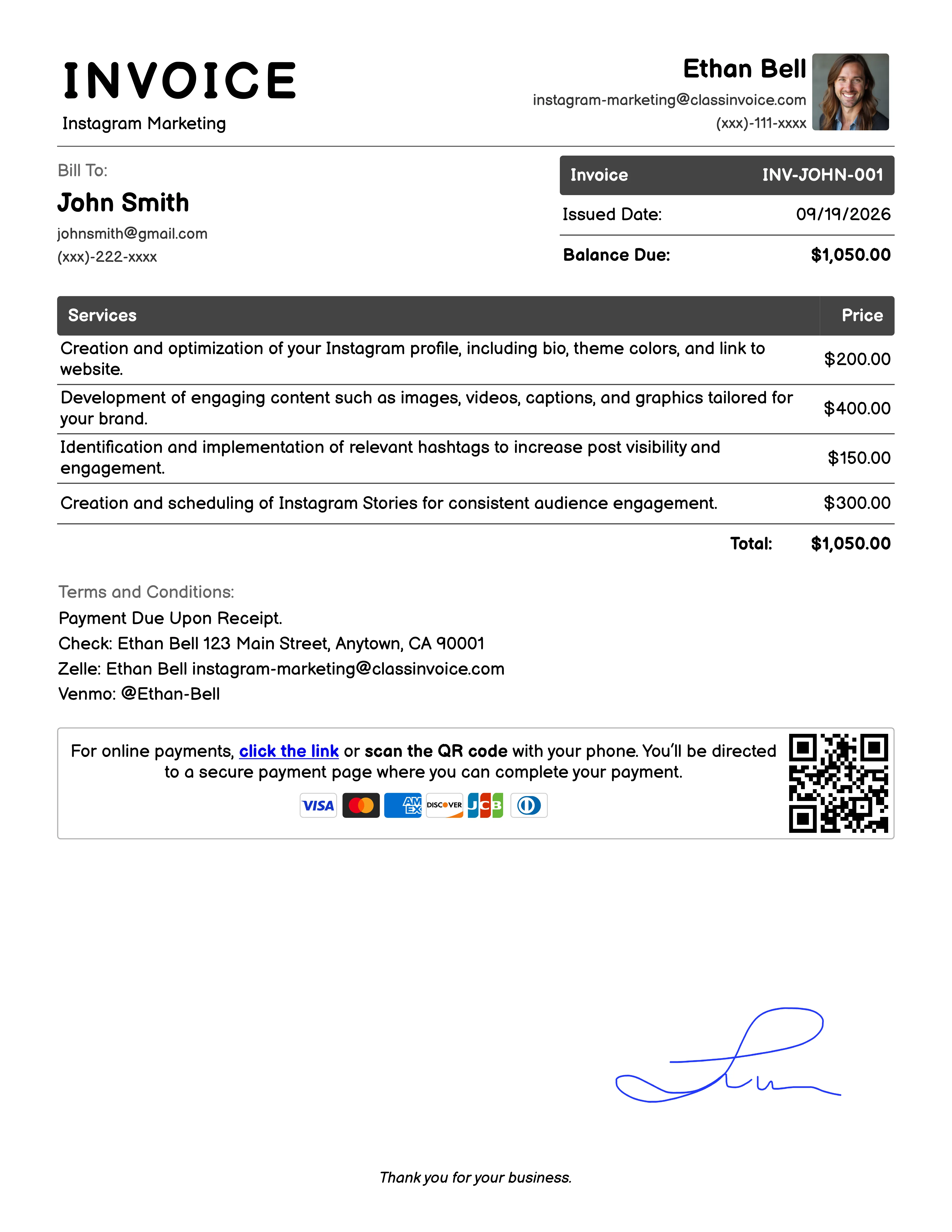 Instagram Marketing Invoice Example