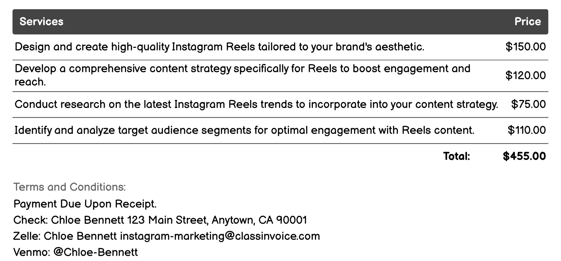 Reels Creation and Strategy Invoice Example