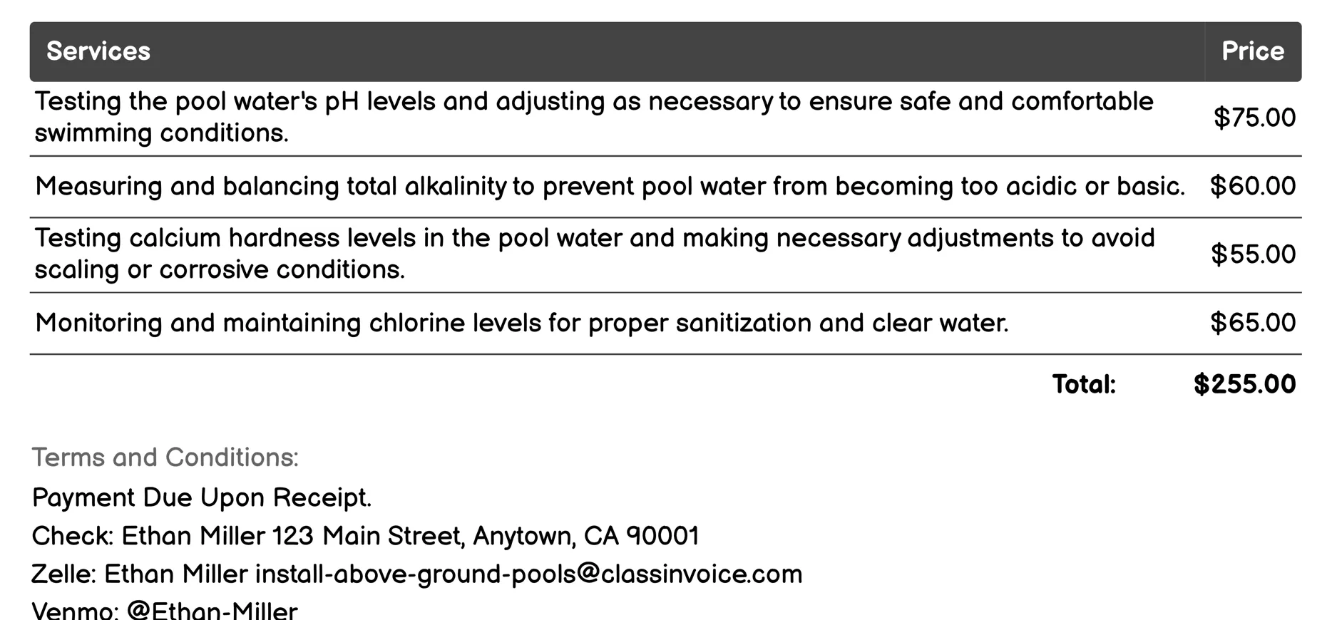 Water Treatment and Balancing Invoice Example