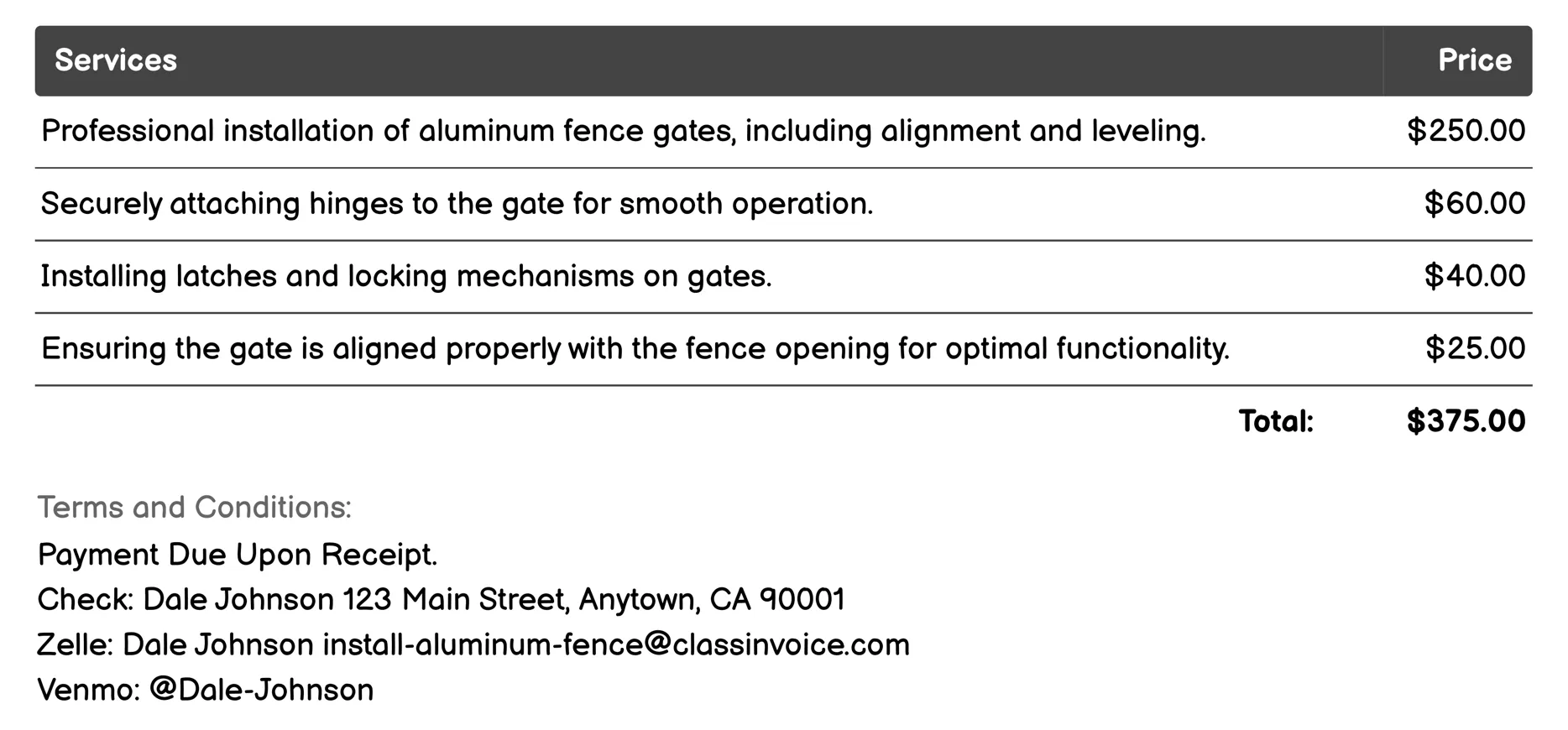 Gate Installation Invoice Example