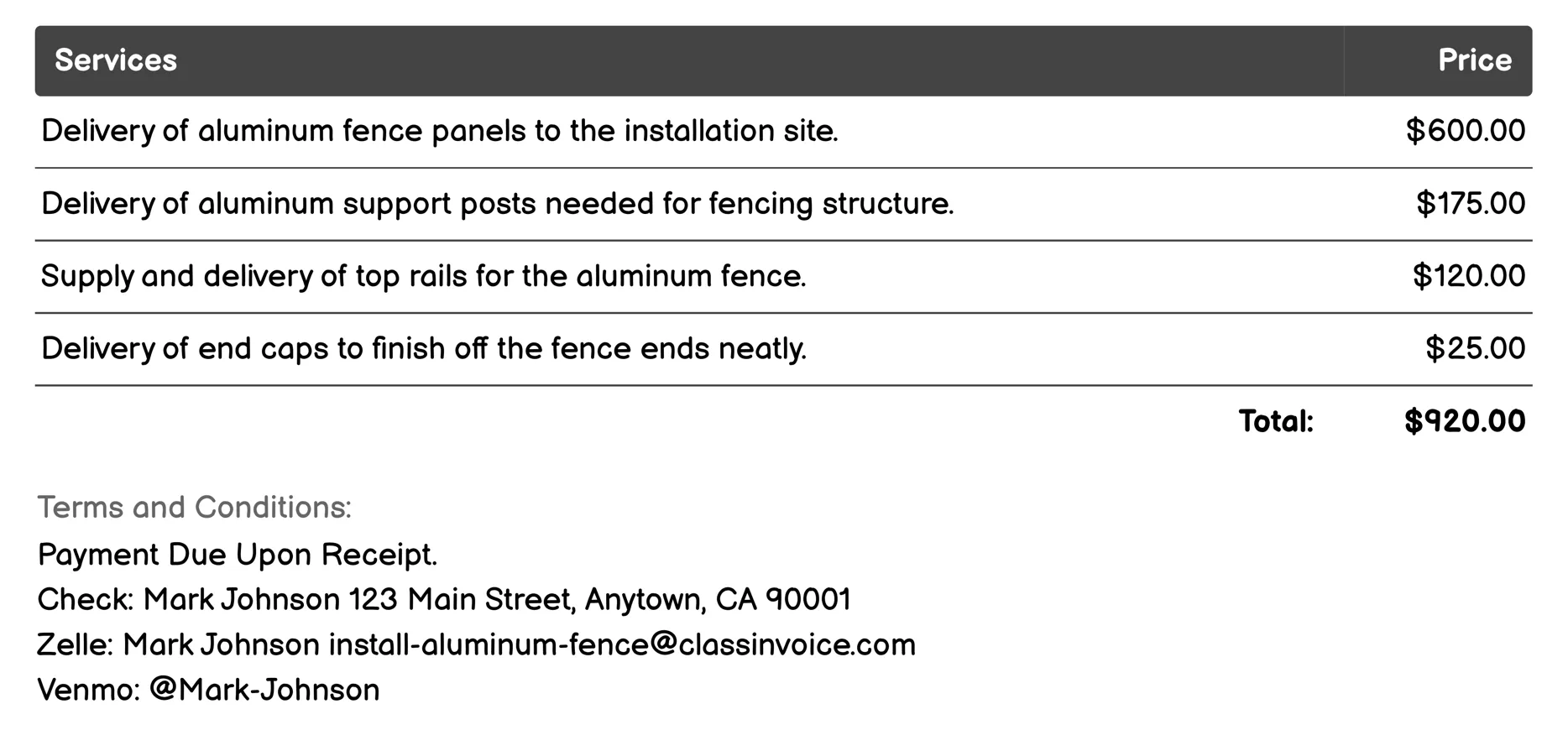 Material Delivery Invoice Example