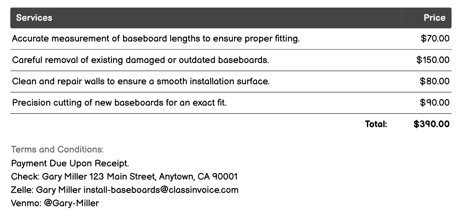 Baseboard Repair and Replacement Invoice Example