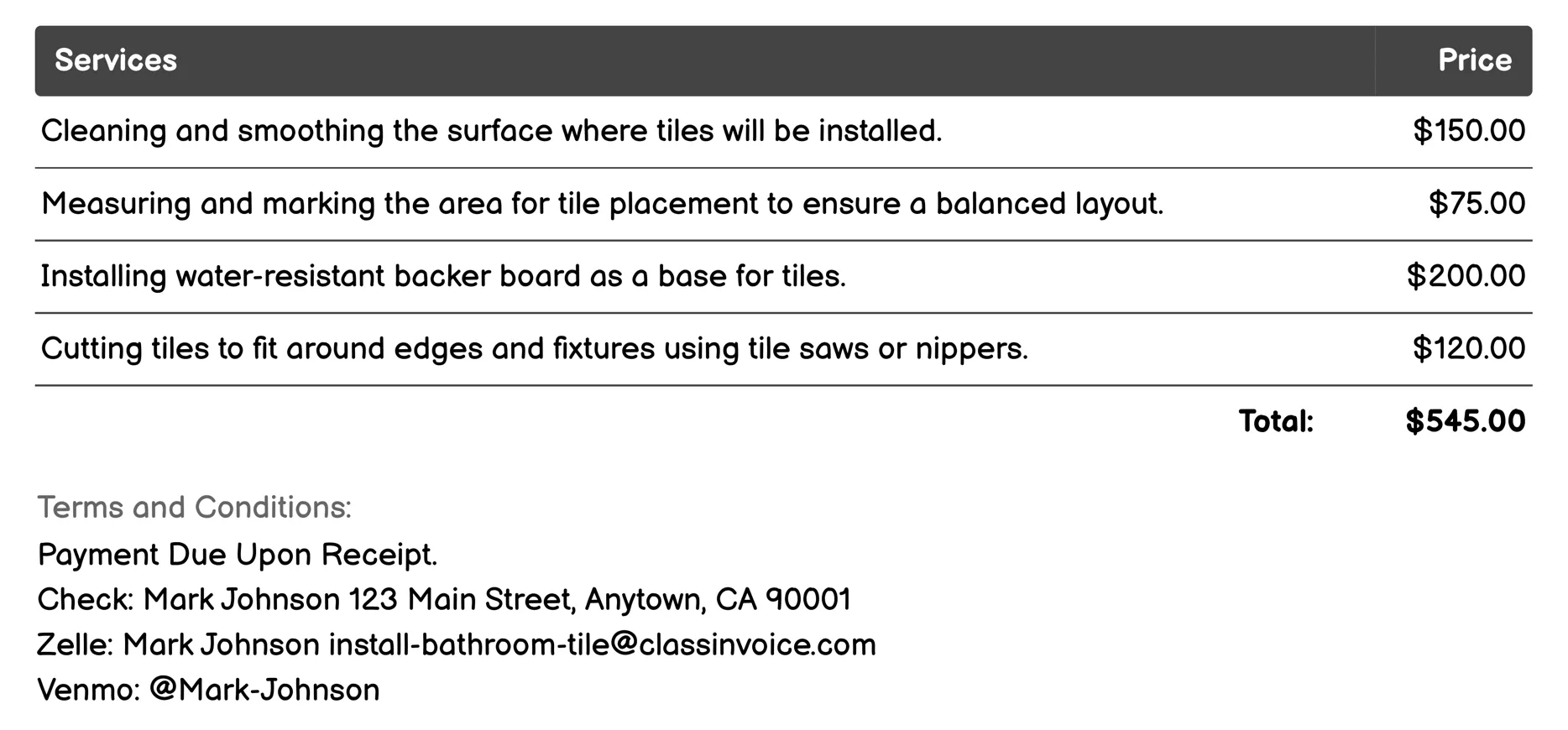 Backsplash Installation Invoice Example