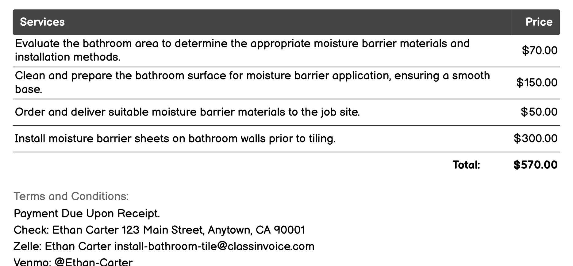 Moisture Barrier Installation Invoice Example