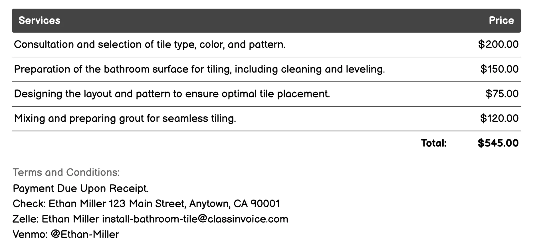 Seamless Tile Repair Invoice Example