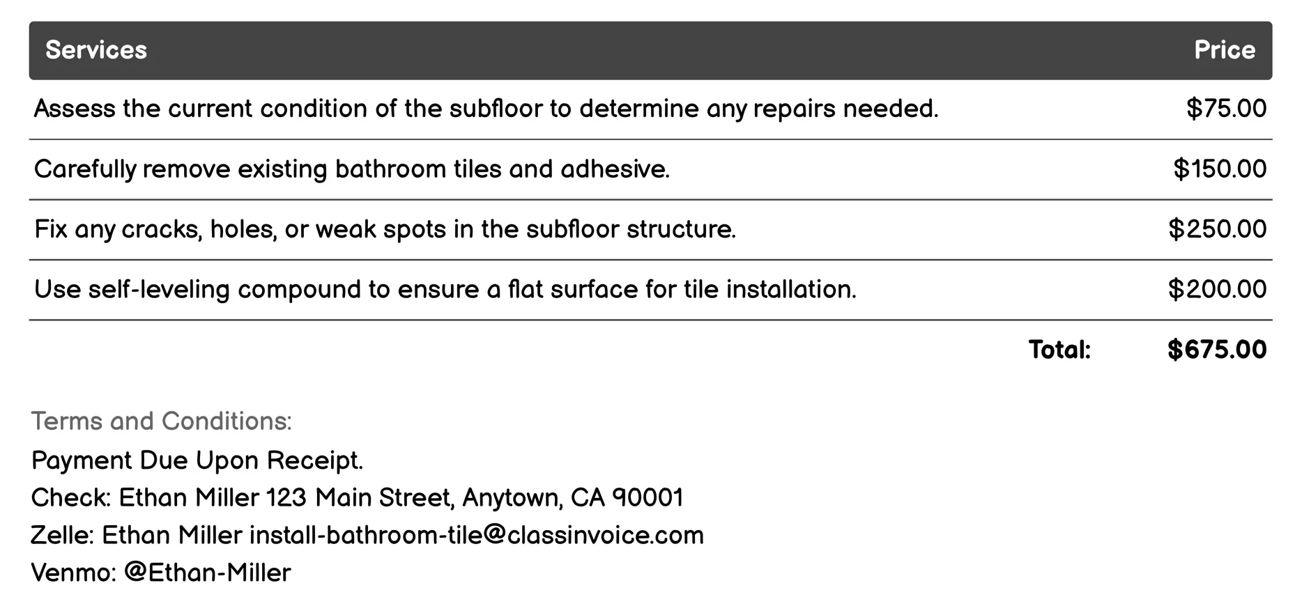 Subfloor Preparation Invoice Example