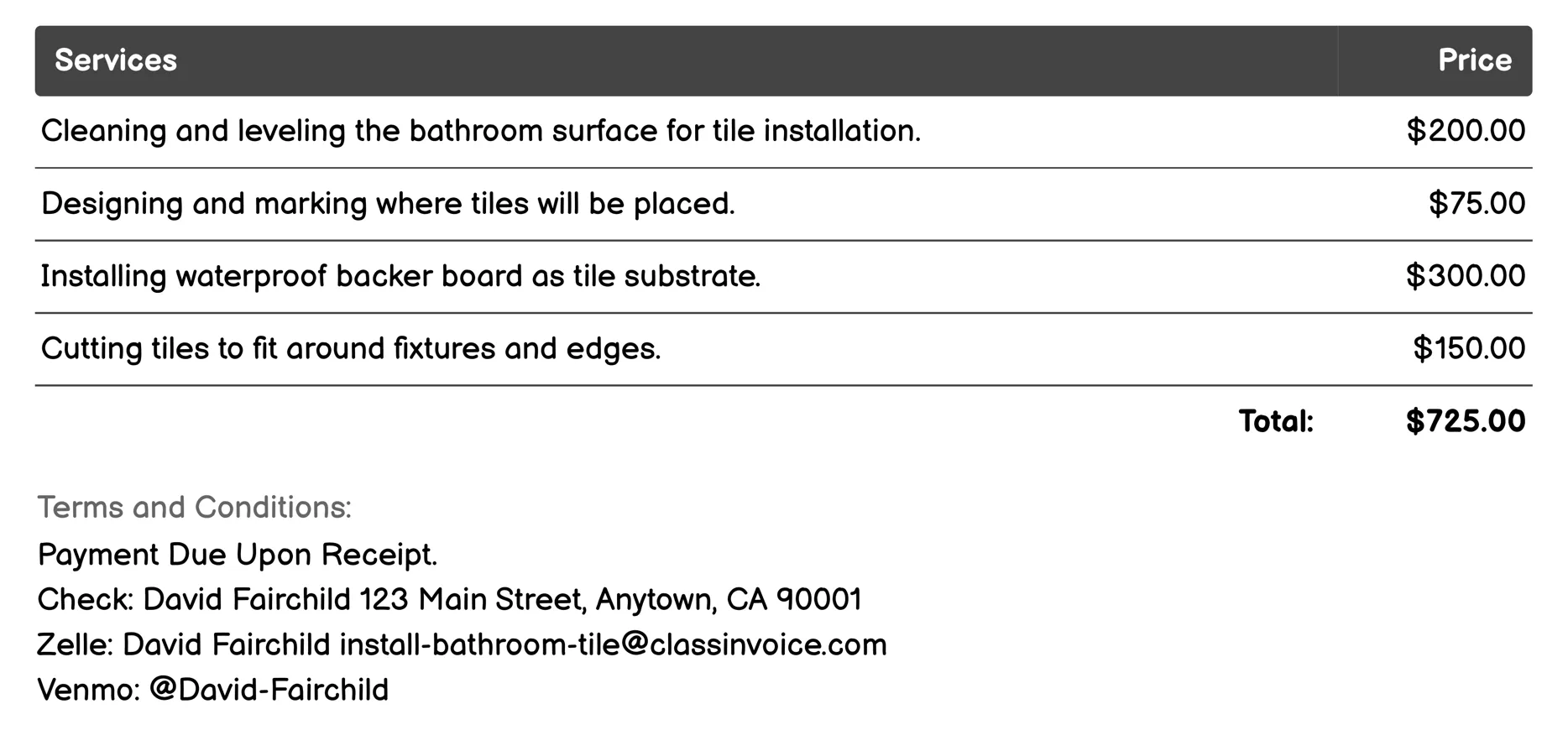 Tile Installation Invoice Example