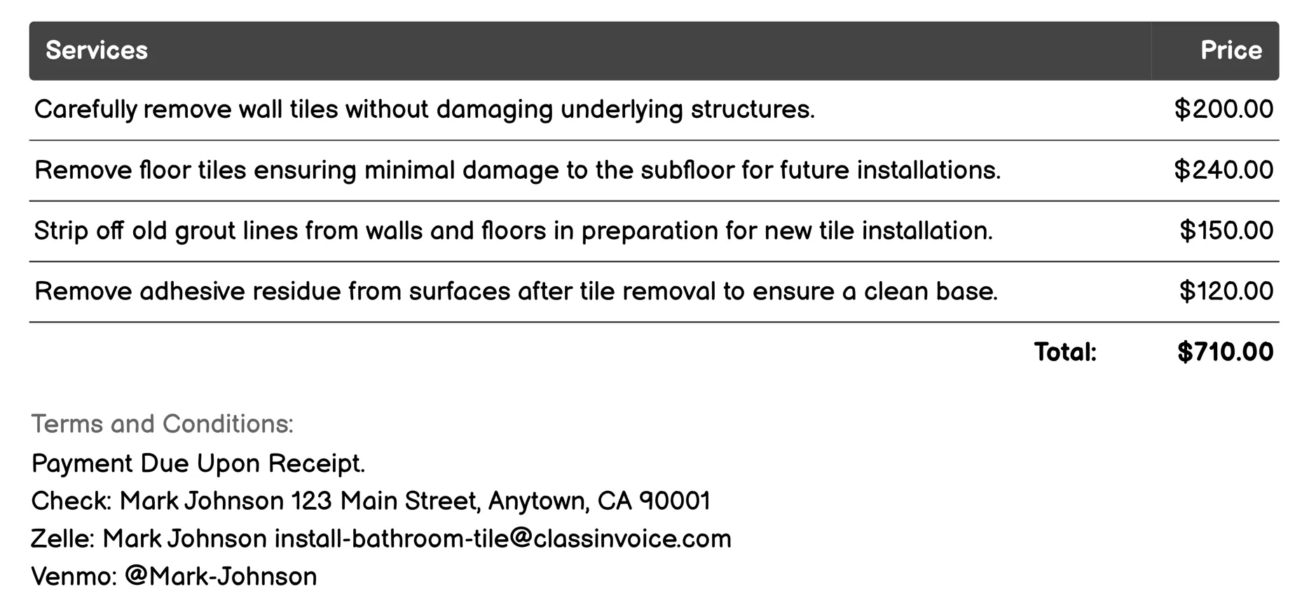 Tile Removal and Disposal Invoice Example