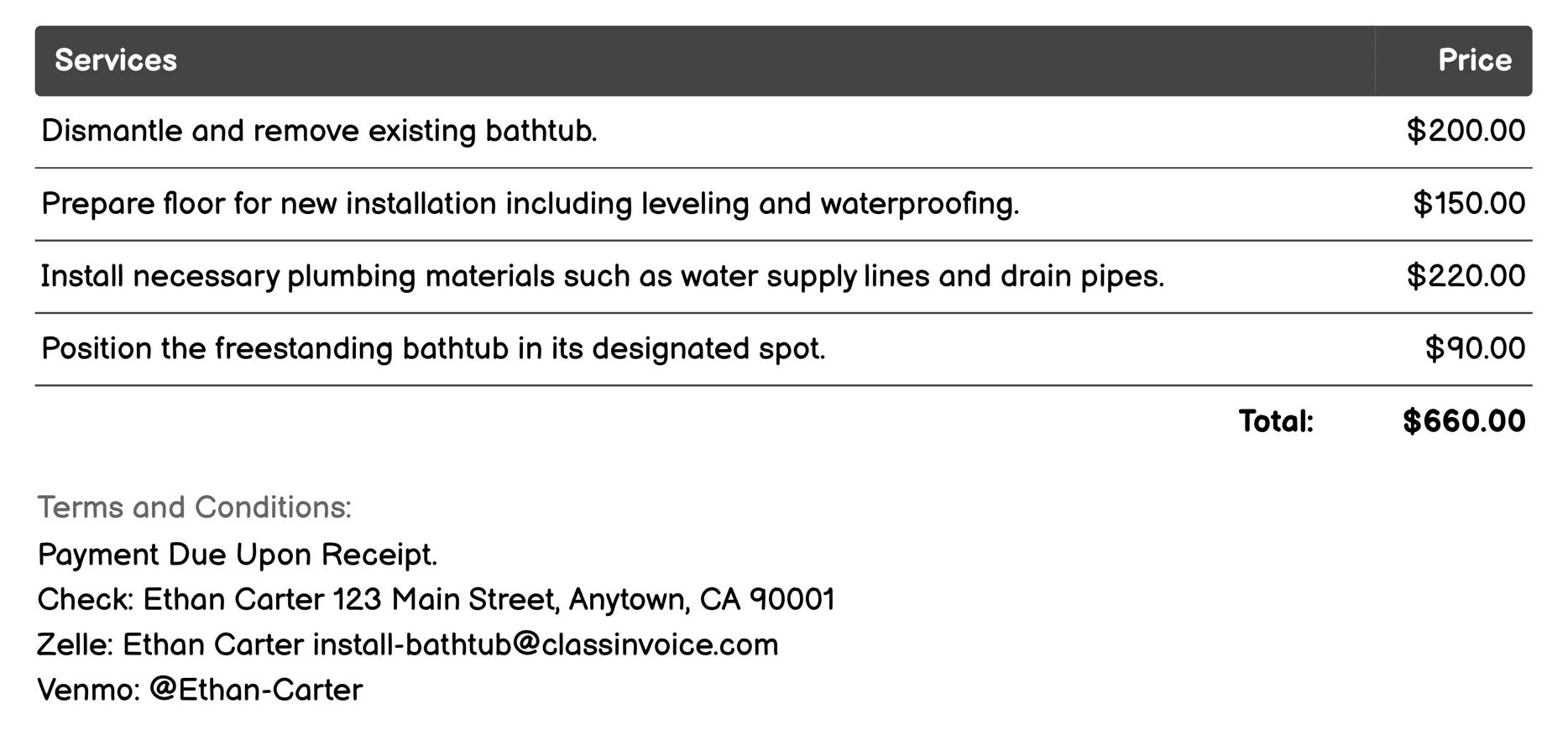 Freestanding Bathtub Setup Invoice Example