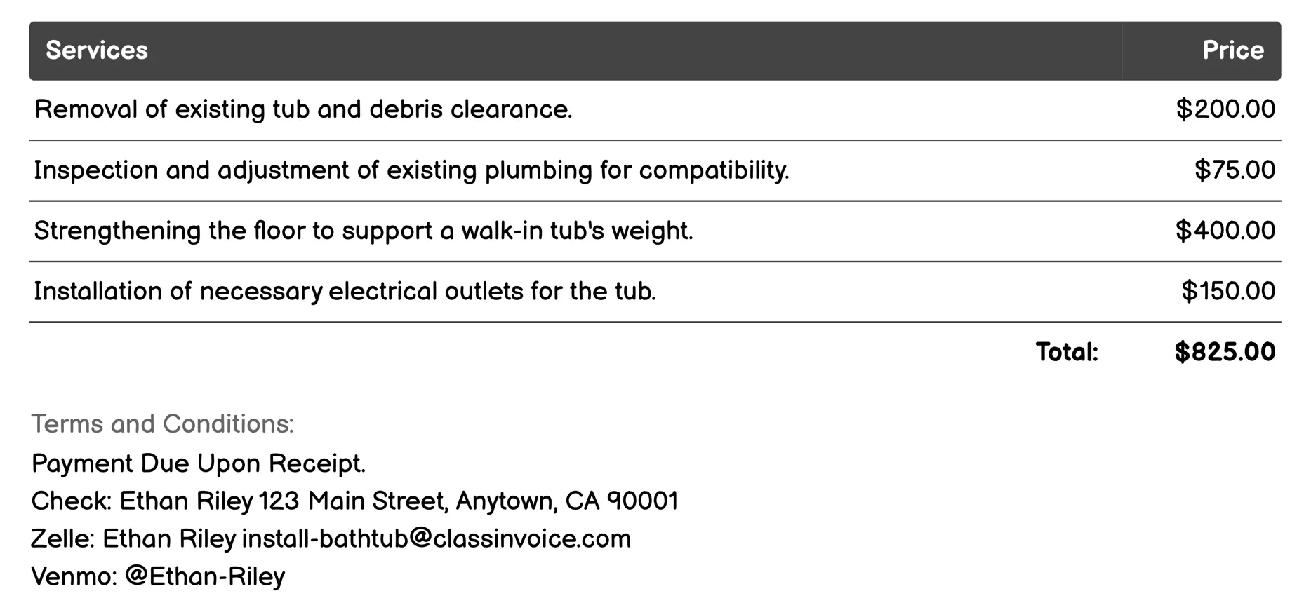 Walk-in Tub Installation Invoice Example