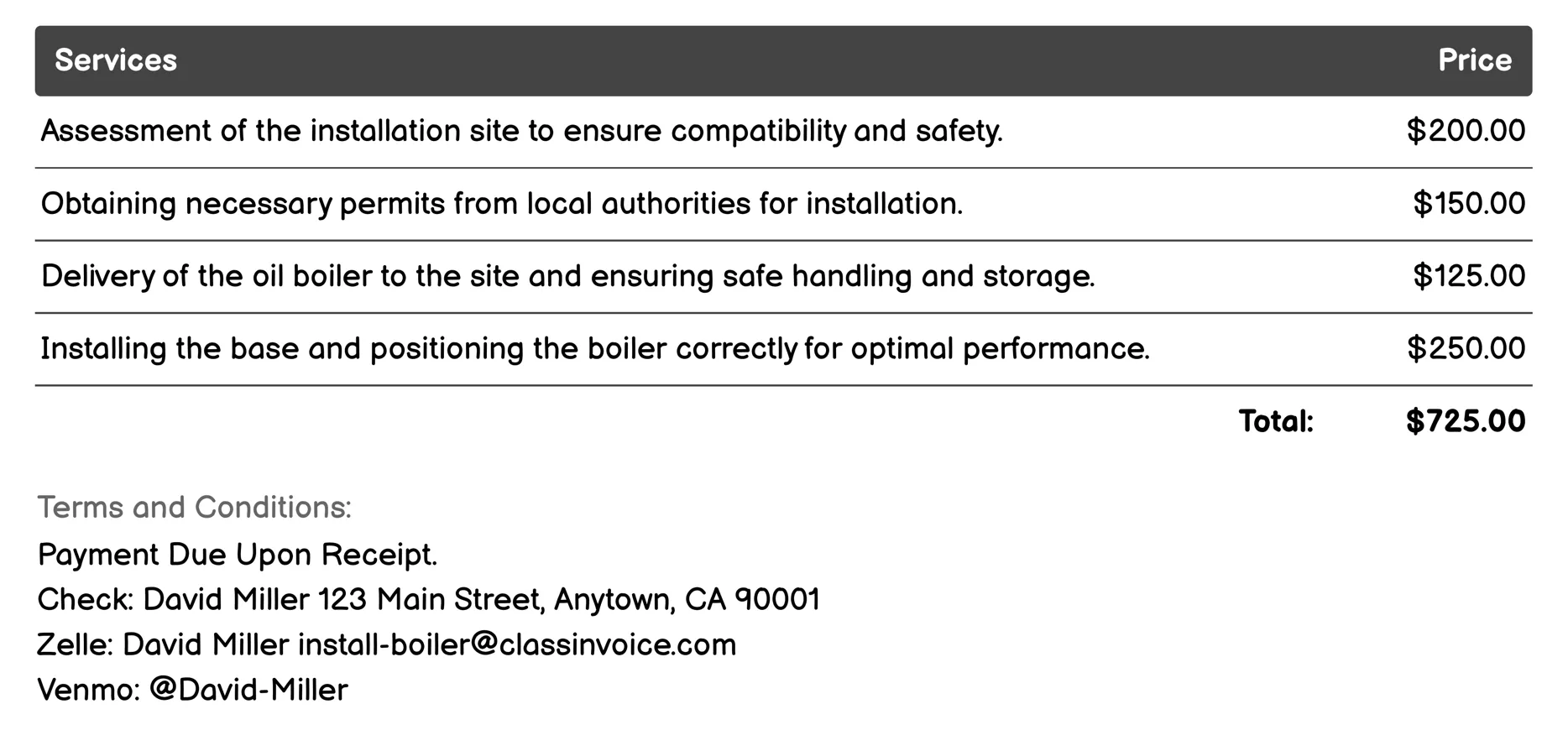 Oil Boiler Installation Invoice Example