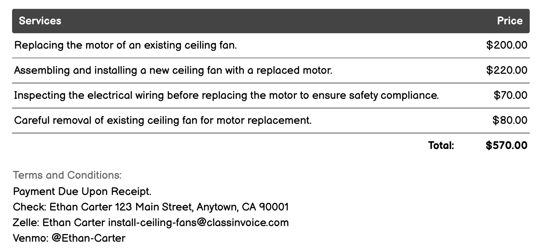 Ceiling Fan Motor Replacement Service Invoice Example