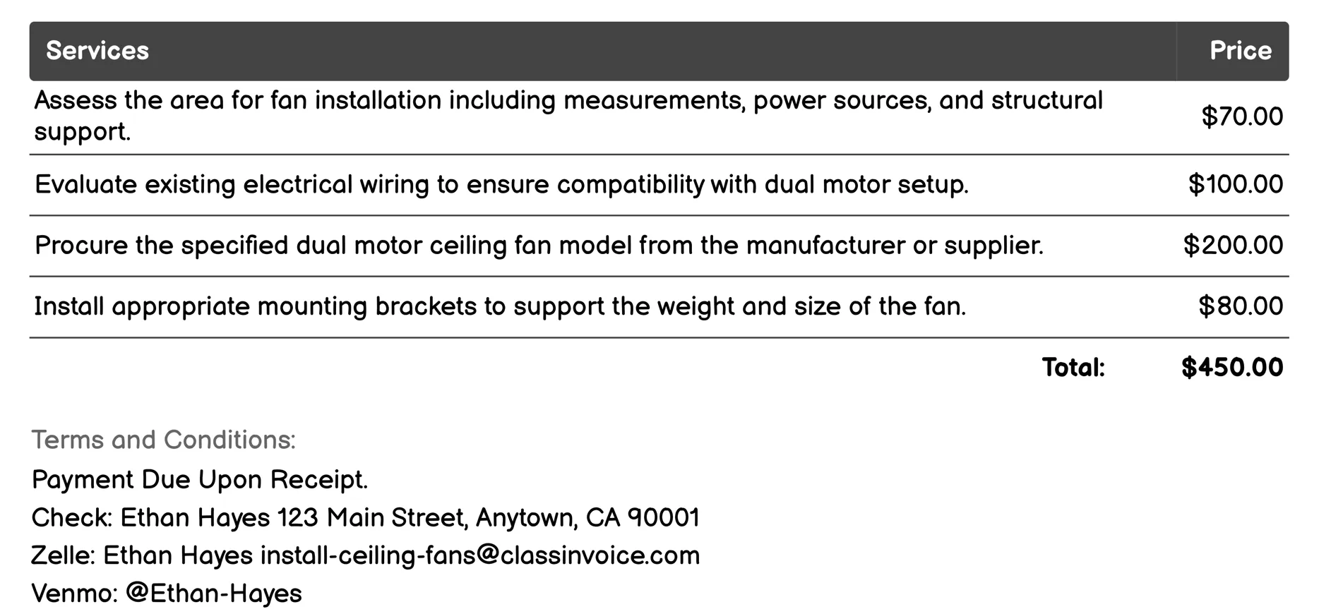Dual Motor Ceiling Fan Installation Invoice Example