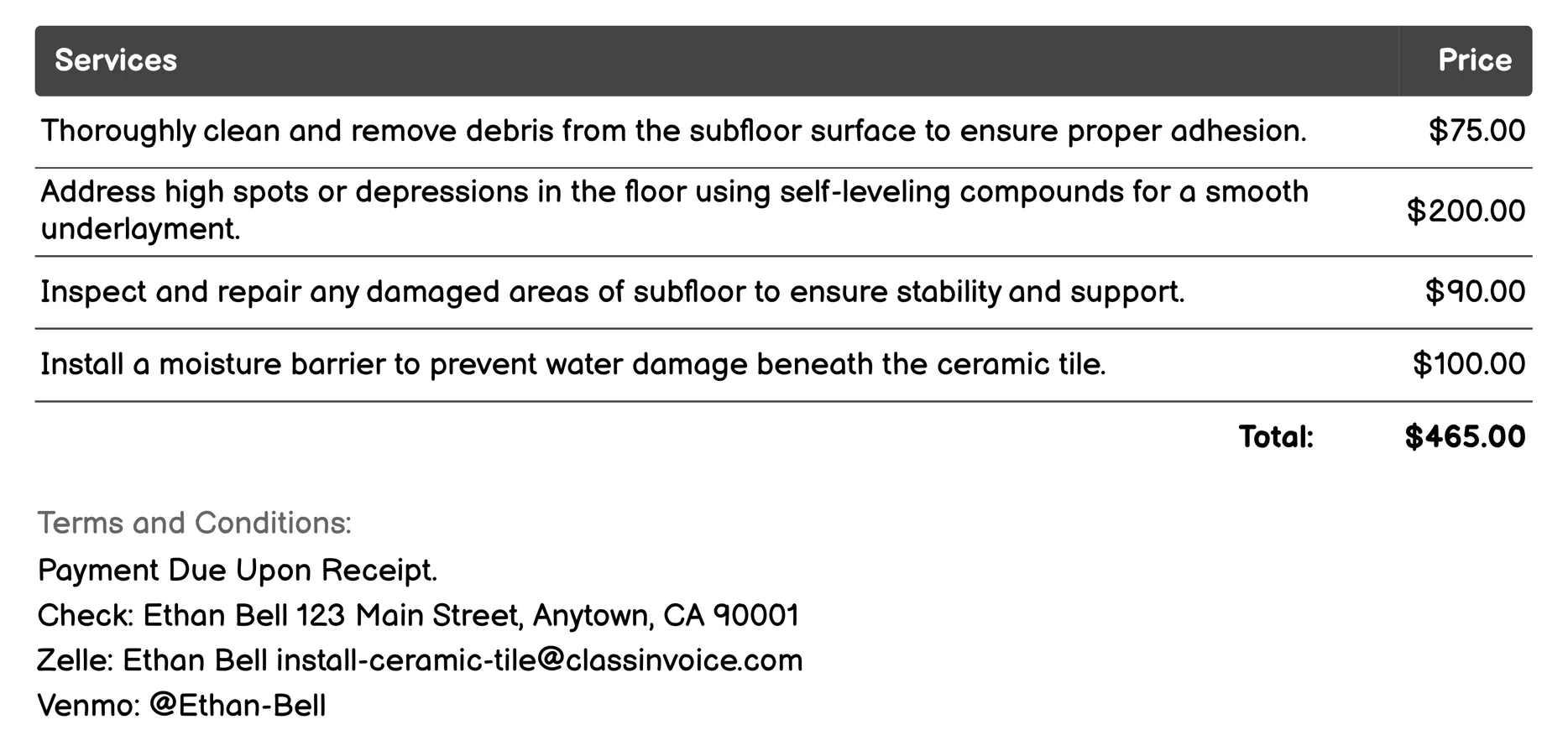 Preparation & Underlayment Invoice Example