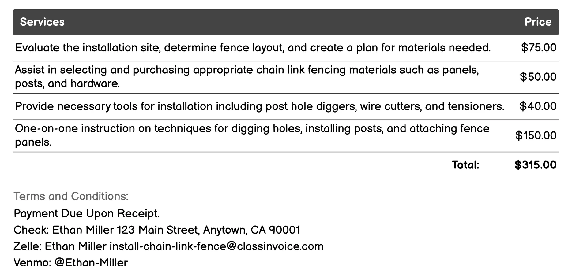 DIY Installation Assistance Invoice Example