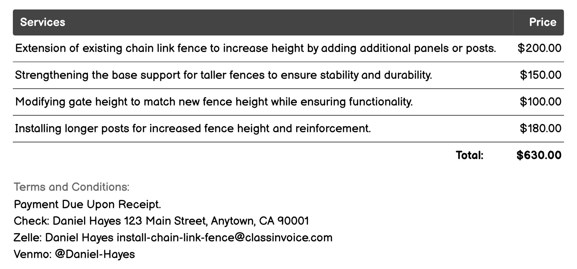 Height Adjustment Services Invoice Example
