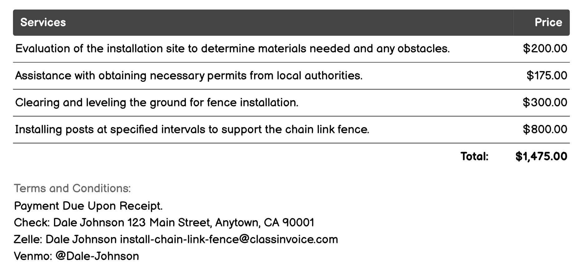 Professional Installation Invoice Example