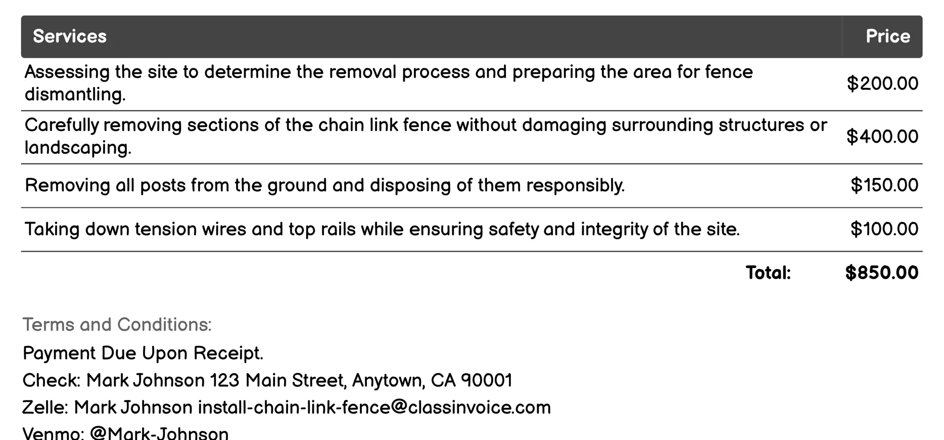 Removal Services Invoice Example