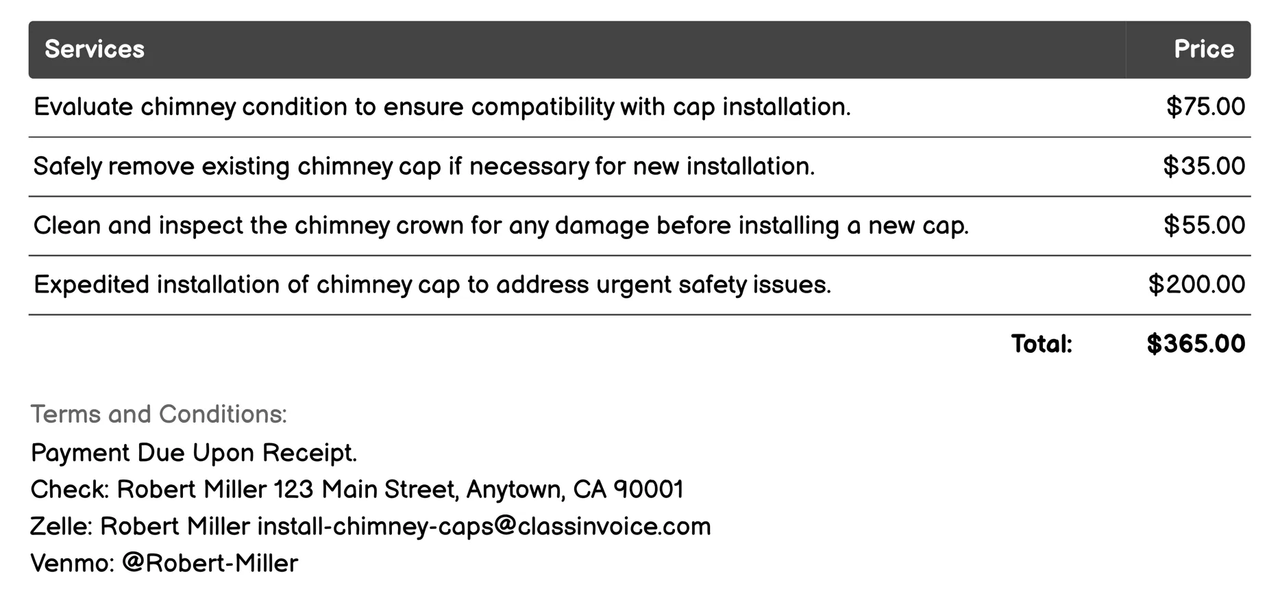 Emergency Chimney Cap Replacement Invoice Example
