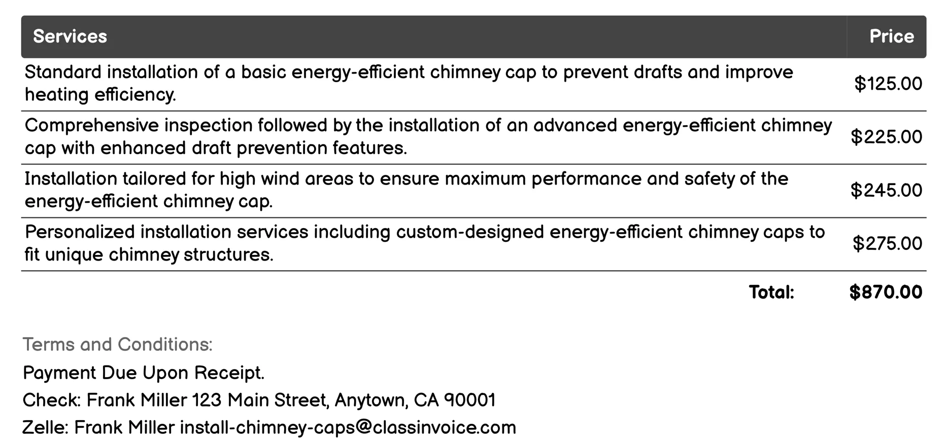 Energy-Efficient Chimney Cap Installation Invoice Example