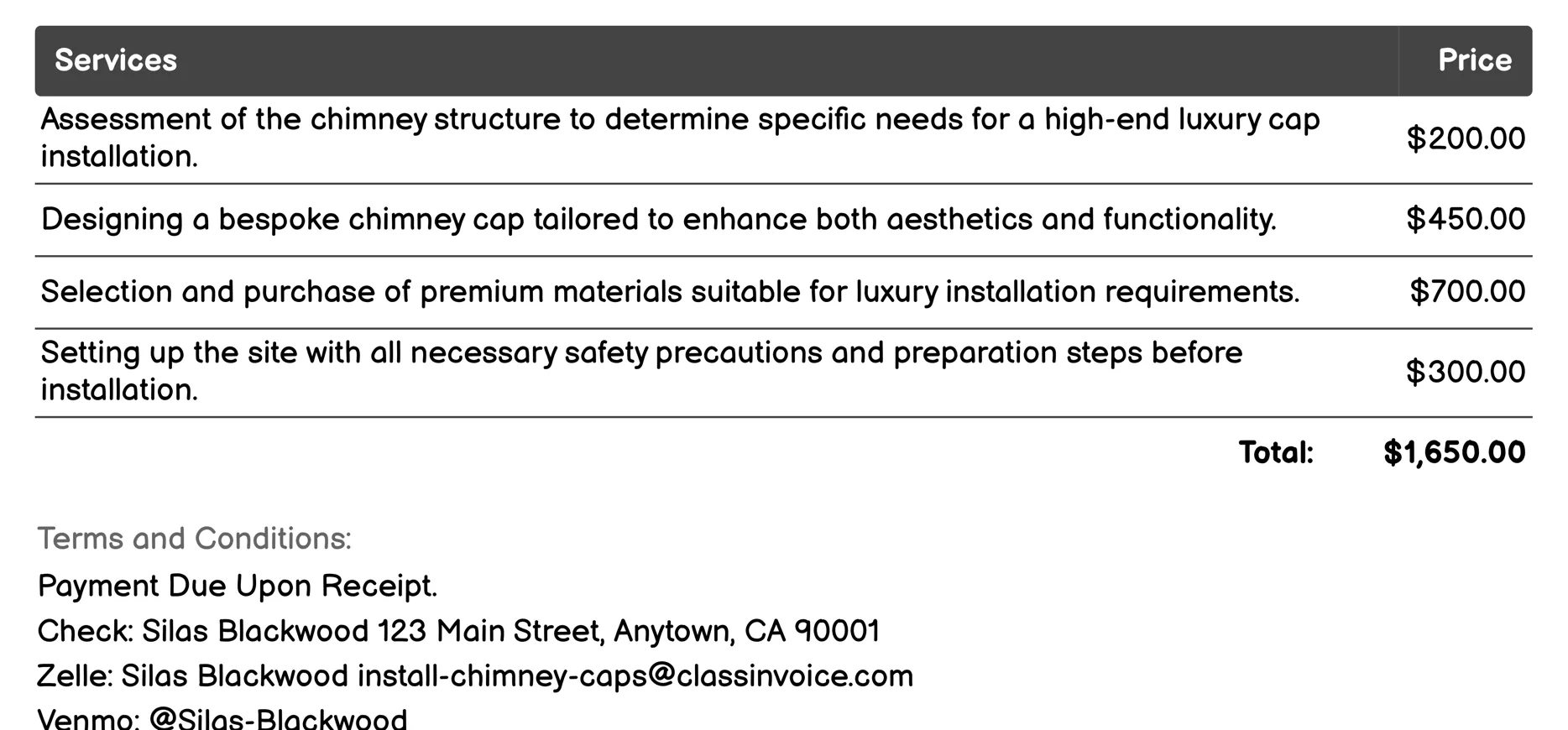 High-End Luxury Chimney Cap Installation Invoice Example