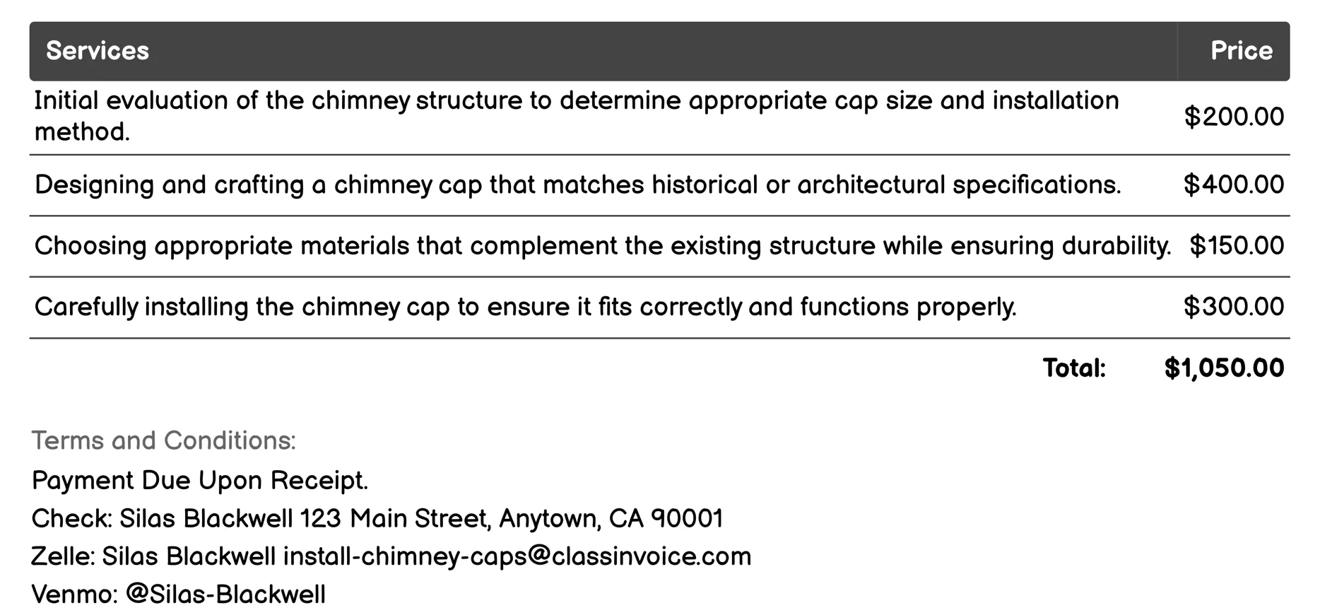 Historical or Architectural Chimney Cap Installation Invoice Example