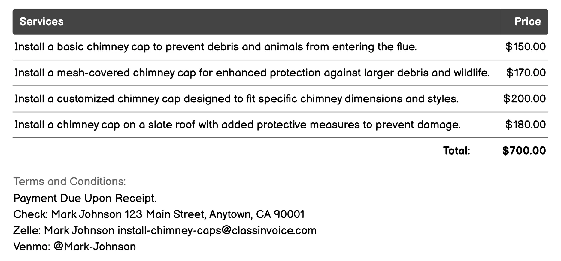 Preventative Maintenance Services Invoice Example
