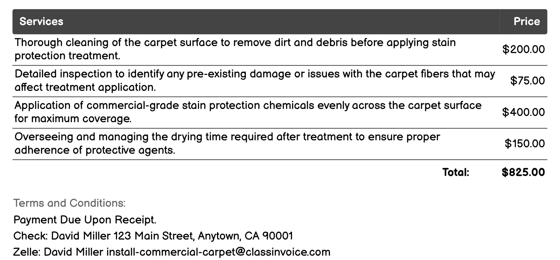 Carpet Stain Protection Treatment Invoice Example