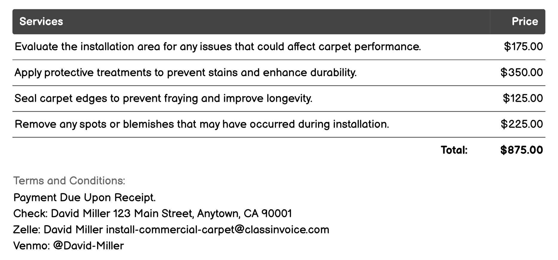 Commercial Carpet Cleaning Post-Installation Invoice Example
