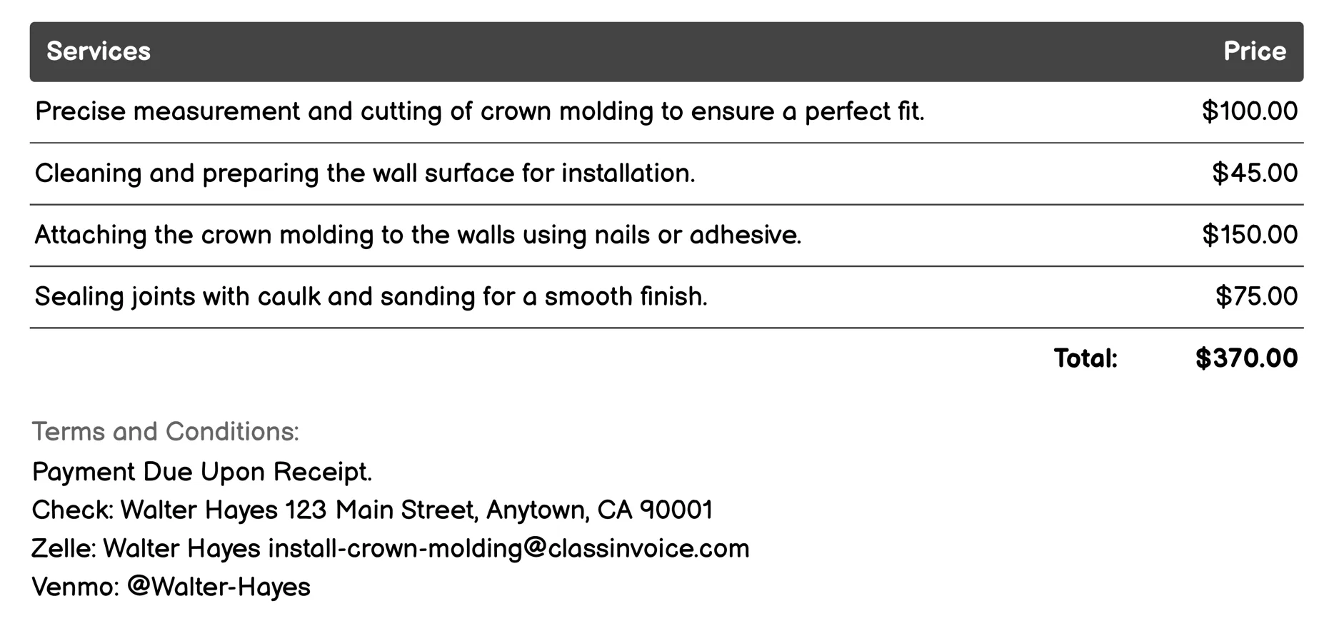 Budget-Friendly Crown Molding Installation Invoice Example