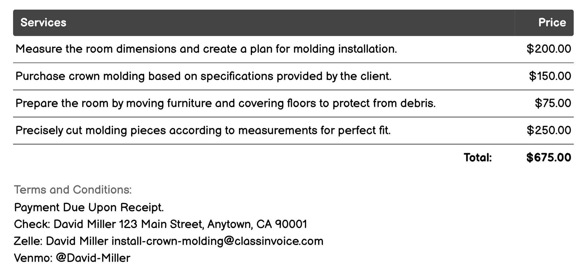 Crown Molding Installation Invoice Example