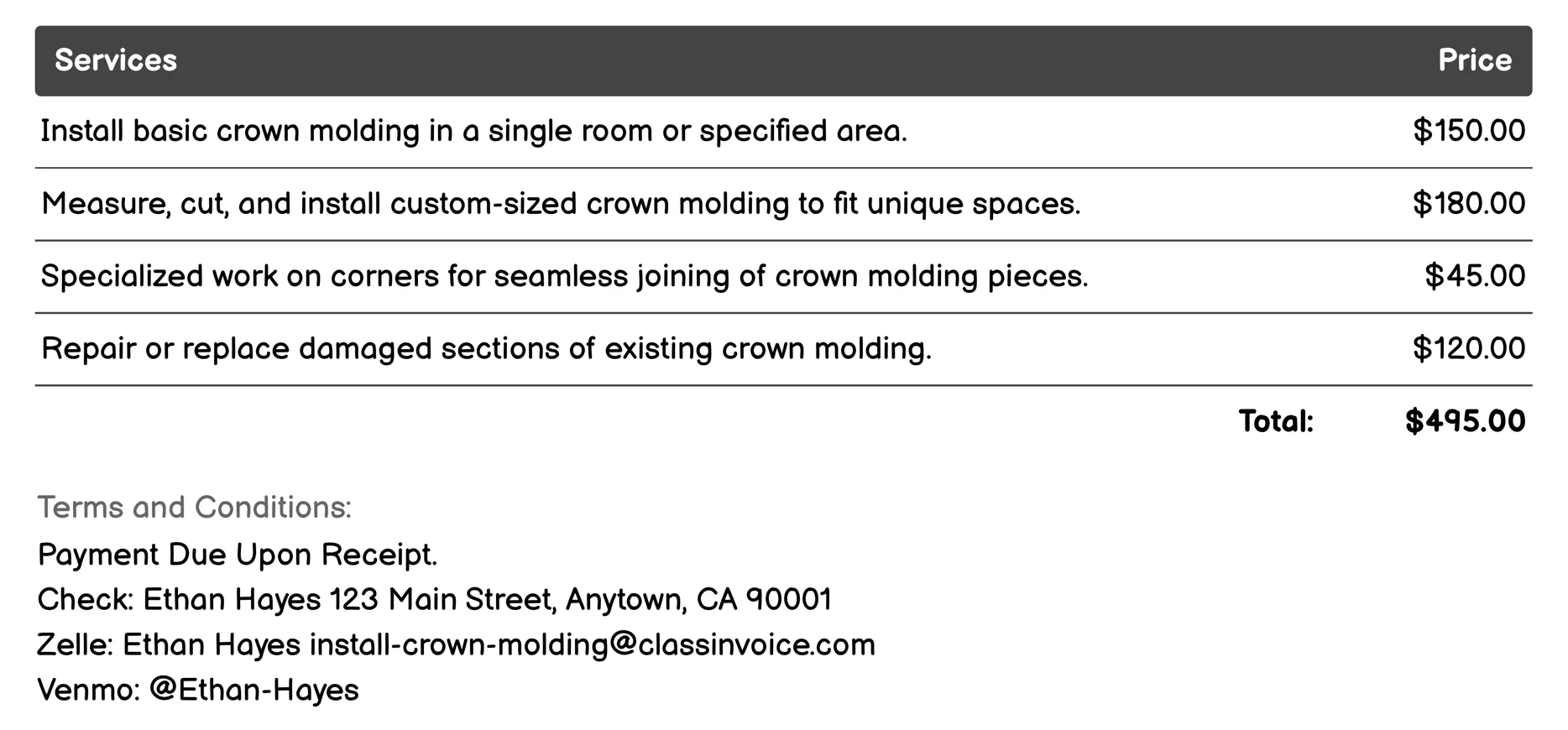Crown Molding Repair Service Invoice Example