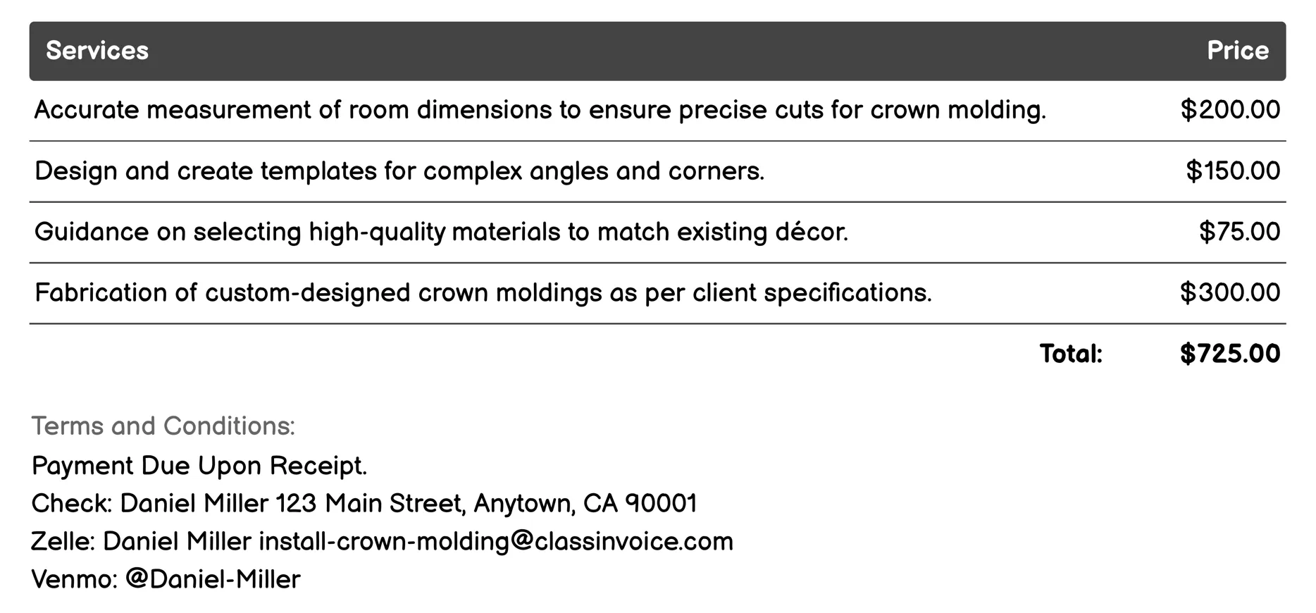 Luxury Crown Molding Installation Invoice Example