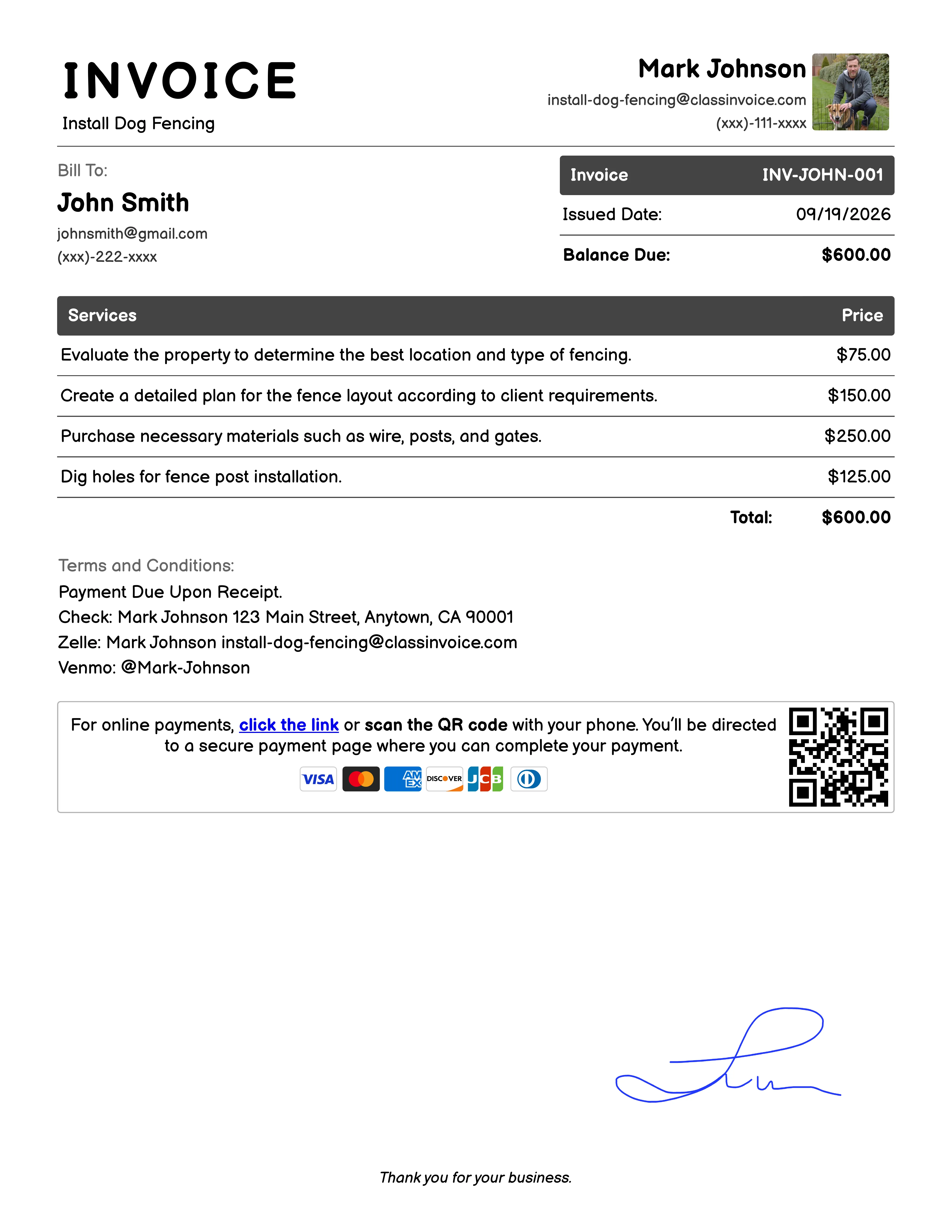 Install Dog Fencing Invoice Example