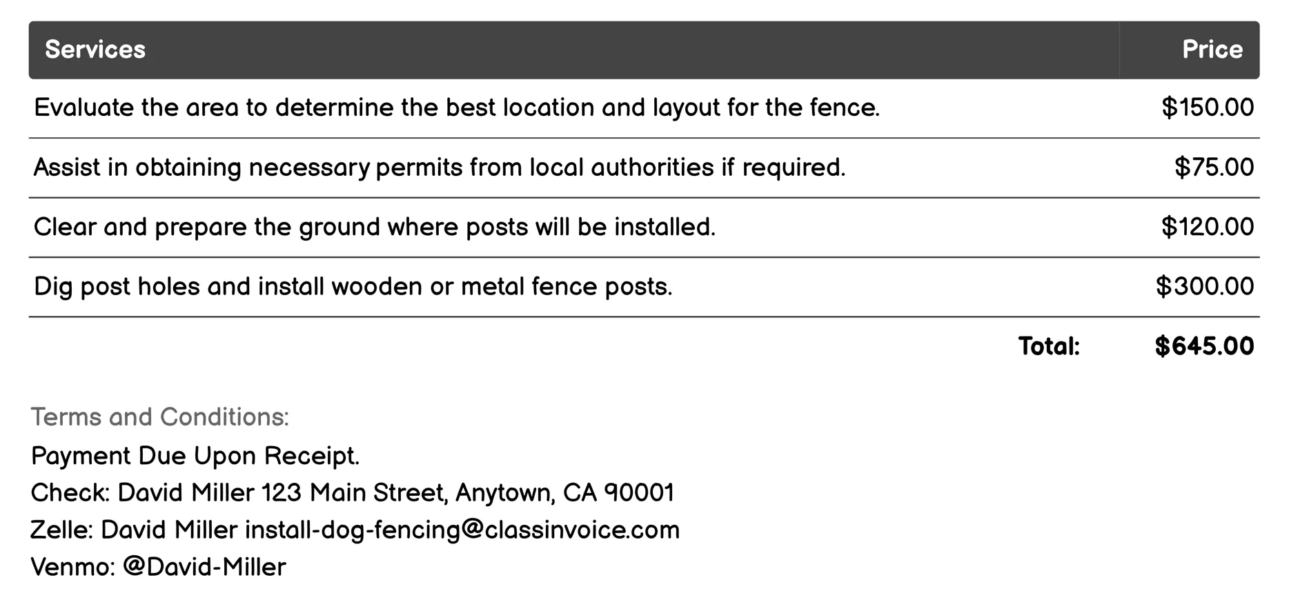 Picket Fence Setup Invoice Example