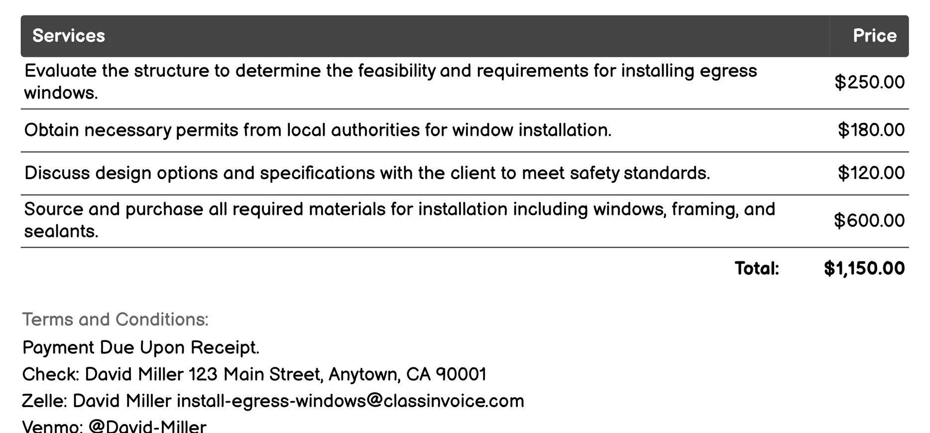 Commercial Egress Window Installation Invoice Example